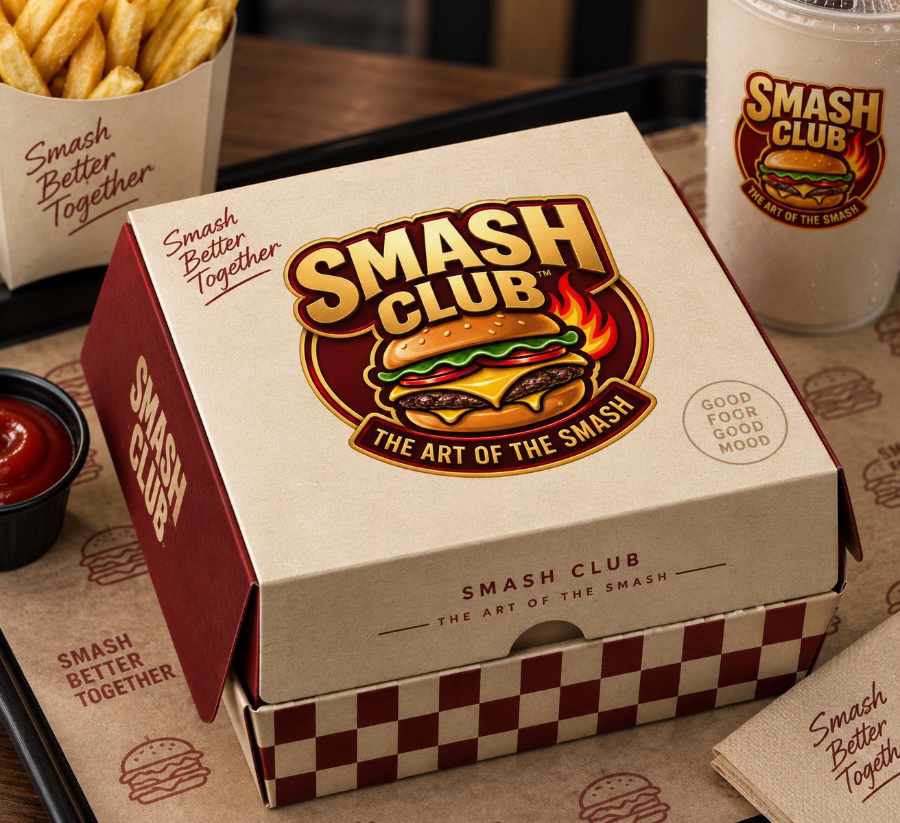 Smash Club burger box, fries sleeve and cup packaging
