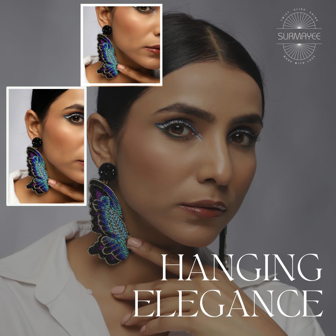 Surmayee Hanging Elegance post featuring statement butterfly earrings