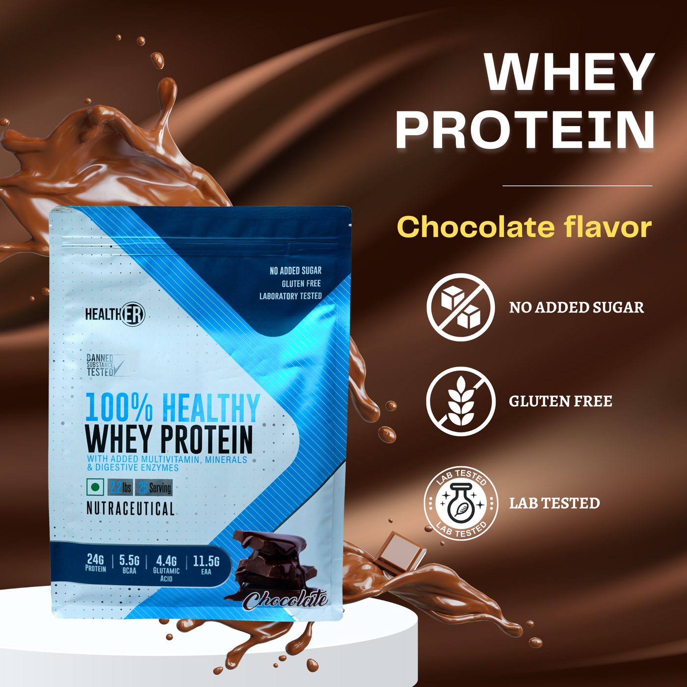 Whey protein chocolate flavour product creative with no added sugar, gluten free and lab tested badges